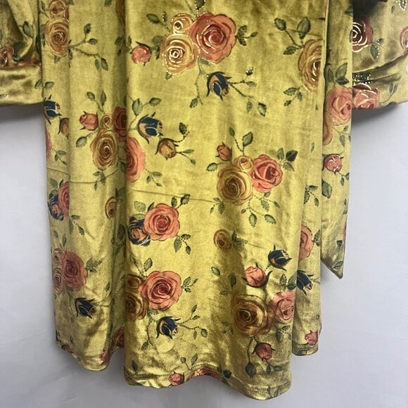Unique Vintage Chartreuse Red Rose Velvet Wrap Dress - Picture 7 of 12